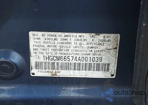 2004 Honda Accord 3.0 Ex из США, поврежденный, VIN 1HGCM66574A001039